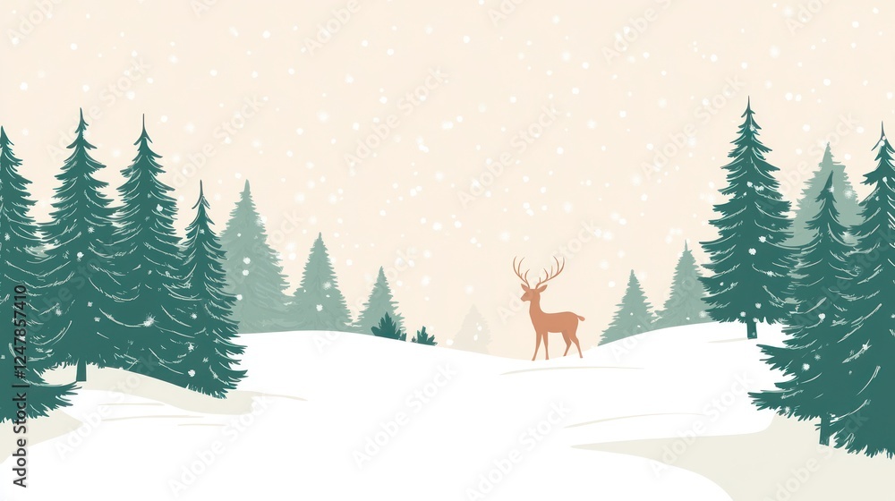 Winter deer in snowy forest, snowfall background; Christmas card Winter deer in snowy forest, snowfall background; Christmas card