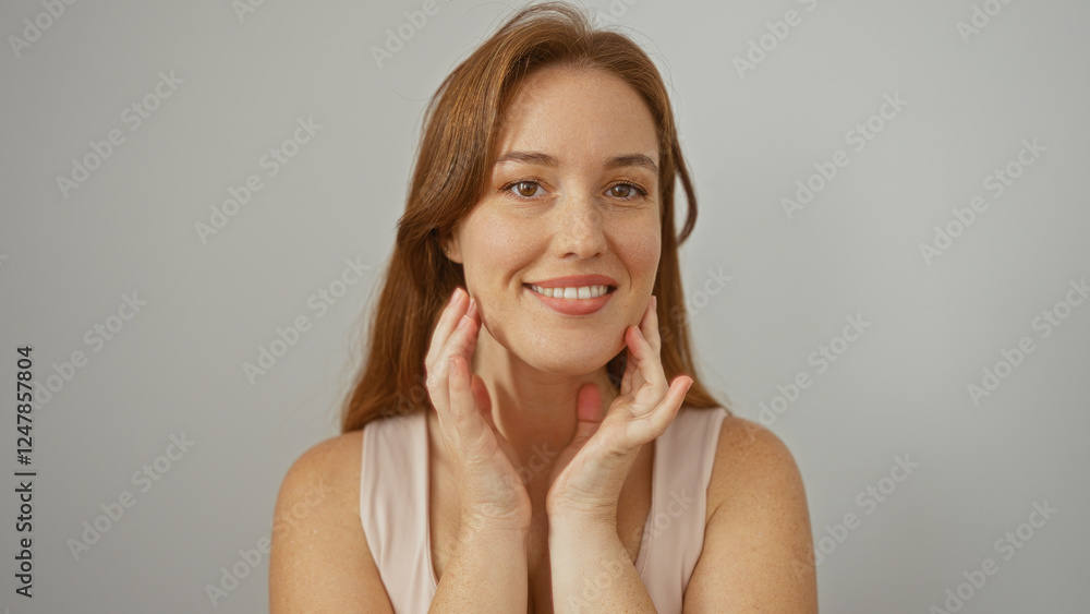 Woman smiling confidently over an isolated white background, showcasing her attractive redhead features in a relaxed pose, exuding beauty and confidence. Woman smiling confidently over an isolated white background, showcasing her attractive redhead features in a relaxed pose, exuding beauty and confidence.
