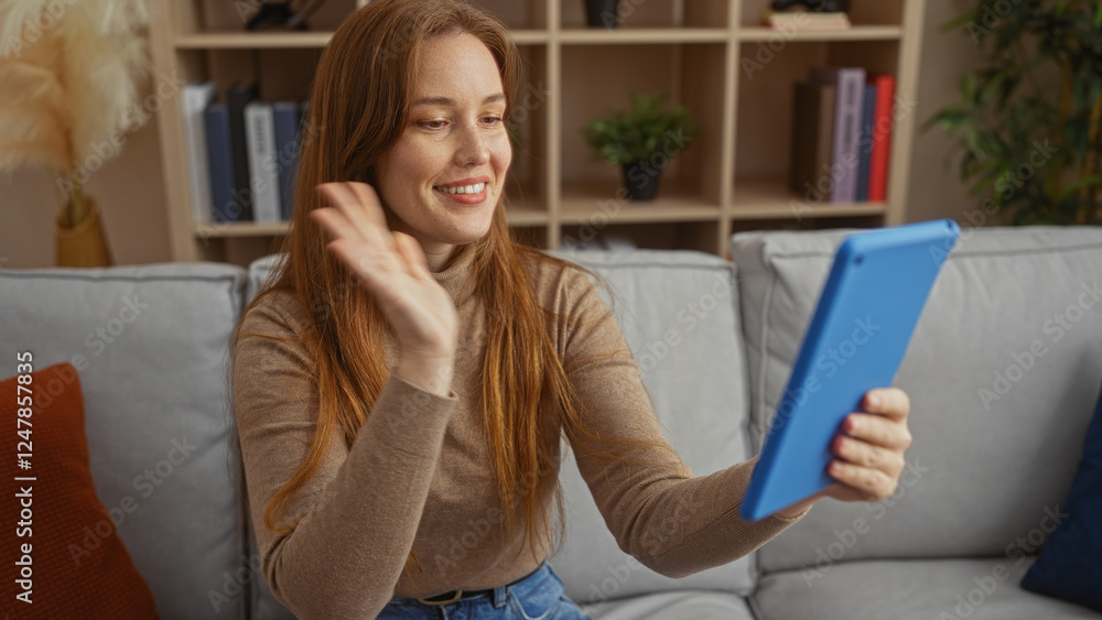 Woman waving on video call using tablet in cozy apartment living room with bookshelf backdrop, showcasing relaxing indoor home environment. Woman waving on video call using tablet in cozy apartment living room with bookshelf backdrop, showcasing relaxing indoor home environment.