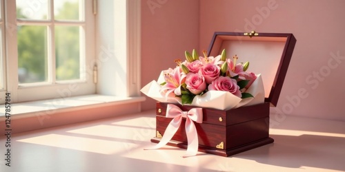 Pink roses and lilies in a wooden gift box near a sunlit window