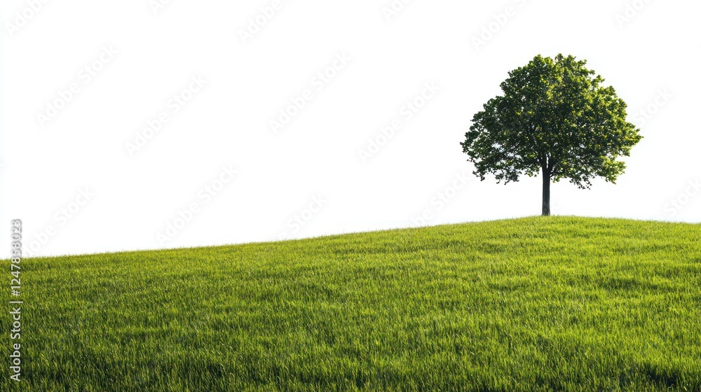 Obraz premium Lone tree on grassy hill, bright sky background, nature scene, eco poster