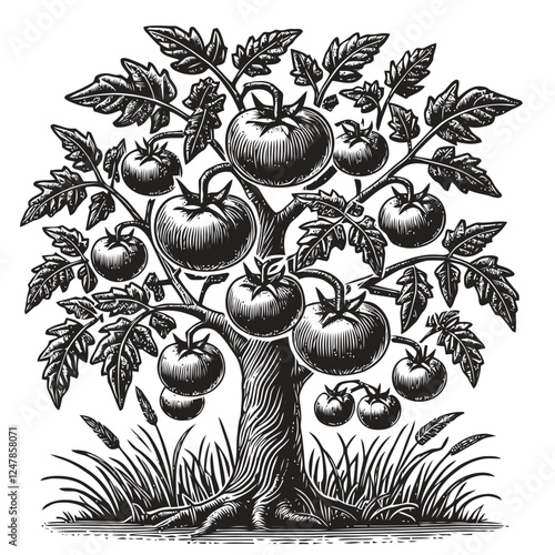 engraving drawing of a tomato tree
