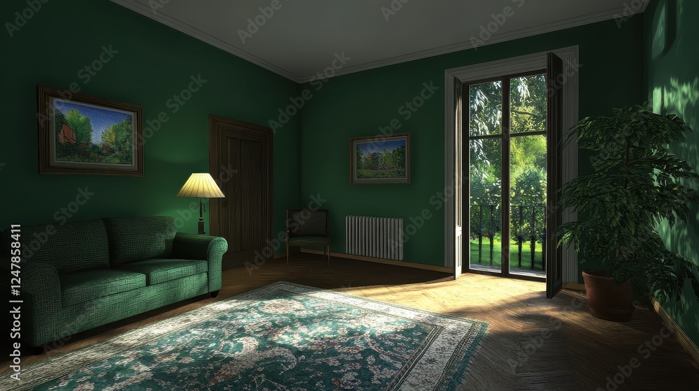 Fototapeta premium Cozy green living room with natural light and plants for a relaxed atmosphere.