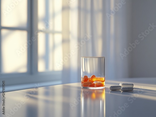 Sunlight Illuminates Orange and Silver Capsules in Glass on Reflective Surface, Morning Vitamins, Healthcare, Wellness, Pills, Medicine, Pharmacy, Supplements, Health, Treatment, Remedy, Medication photo