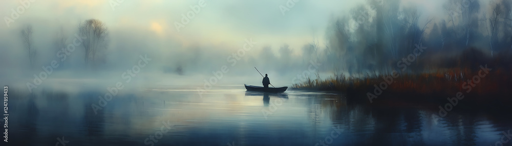 A serene and misty morning on the water, featuring a lone fisherman in a small boat, enveloped by the tranquility of nature as the sun rises behind the trees. A serene and misty morning on the water, featuring a lone fisherman in a small boat, enveloped by the tranquility of nature as the sun rises behind the trees.