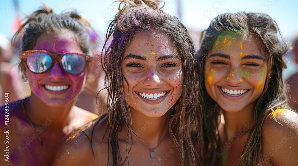 A group of people with their faces and clothes covered in different colors, showing their joyful expressions during the Holi festival. A group of people with their faces and clothes covered in different colors, showing their joyful expressions during the Holi festival.