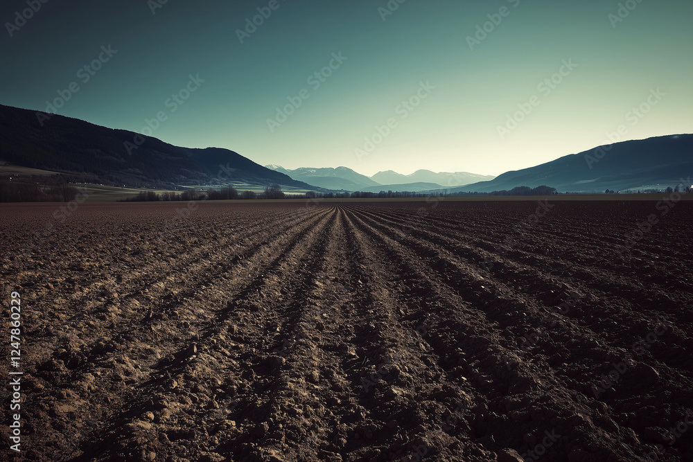 A wide, cracked and barren field with deep crevices caused by drought, set against a dramatic backdrop of distant mountains and rolling hills under a clear, harsh sky. Soft, natural light. A wide, cracked and barren field with deep crevices caused by drought, set against a dramatic backdrop of distant mountains and rolling hills under a clear, harsh sky. Soft, natural light.