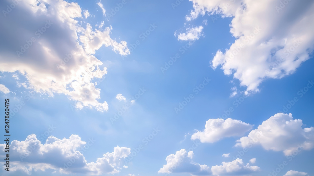 Bright blue sky with fluffy white clouds creating serene atmosphere Bright blue sky with fluffy white clouds creating serene atmosphere