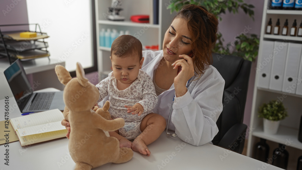 Pediatrician woman talking on mobile while holding baby indoors in a clinic room with a toddler playing beside, illustrating medical care and healthcare environment. Pediatrician woman talking on mobile while holding baby indoors in a clinic room with a toddler playing beside, illustrating medical care and healthcare environment.