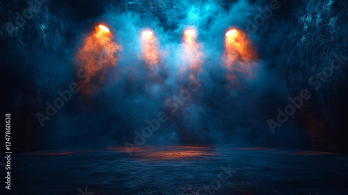 Dark blue background, an empty dark scene, neon light, spotlights The asphalt floor and studio room with smoke float up the interior texture background