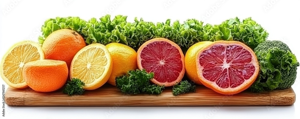 Vibrant Fresh Vegetables and Citrus Fruits Arranged on a Rustic Wooden Cutting Board, Ready for a Healthy and Delicious Meal This image showcases the bright colors and natural textures of oranges Vibrant Fresh Vegetables and Citrus Fruits Arranged on a Rustic Wooden Cutting Board, Ready for a Healthy and Delicious Meal This image showcases the bright colors and natural textures of oranges