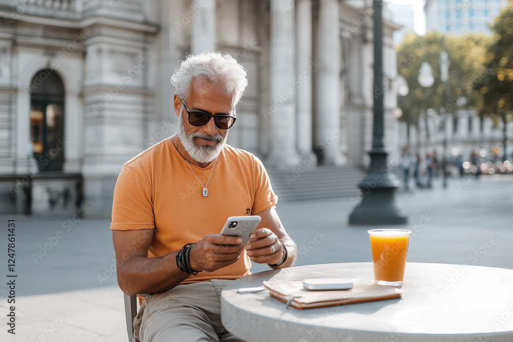 Senior man sitting at a stylish café in the city, enjoying a drink while using his phone
Senior man sitting at a stylish café in the city, enjoying a drink while using his phone