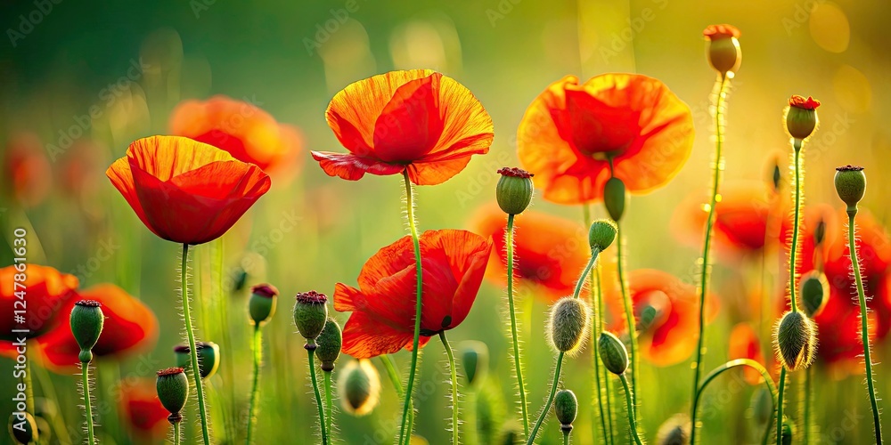 Fototapeta premium Aerial Poppy Field Silhouette, Stunning Overhead Poppy View, Silhouette Poppies Green Background, Nature Photography