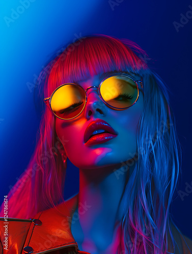 A striking portrait of a woman with vibrant hair and bold sunglasses, set against an electric blue and pink backdrop, capturing a fusion of modern fashion and artistic expression. photo