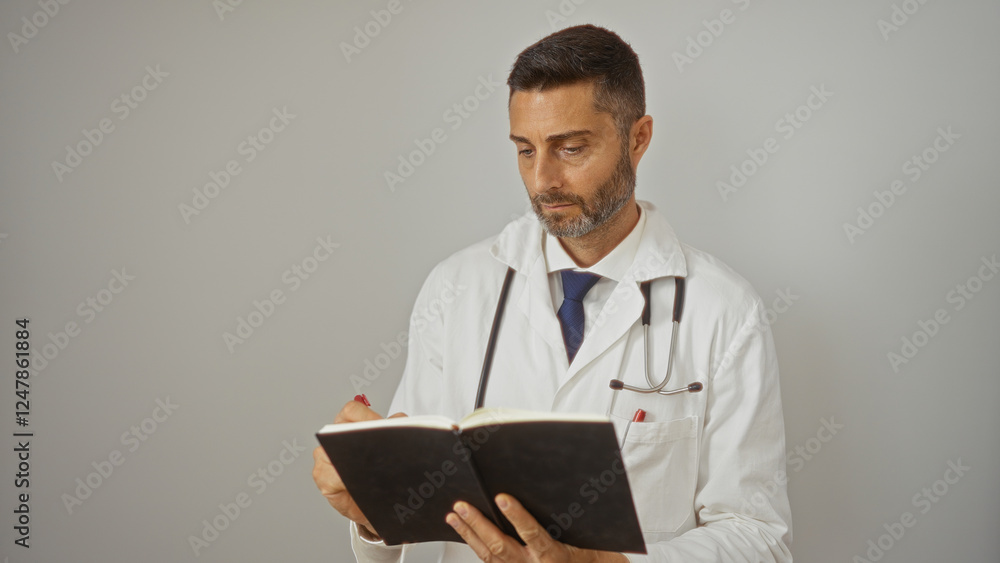 Doctor reading a book with a stethoscope around his neck, standing over an isolated white background in an engaged and focused manner, reflecting expertise and professionalism. Doctor reading a book with a stethoscope around his neck, standing over an isolated white background in an engaged and focused manner, reflecting expertise and professionalism.