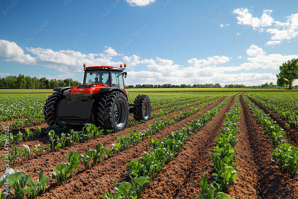 Innovations in Agriculture Showcase Autonomous Tractor Cultivating Vast Fields Under a Sunlit Blue Sky Innovations in Agriculture Showcase Autonomous Tractor Cultivating Vast Fields Under a Sunlit Blue Sky