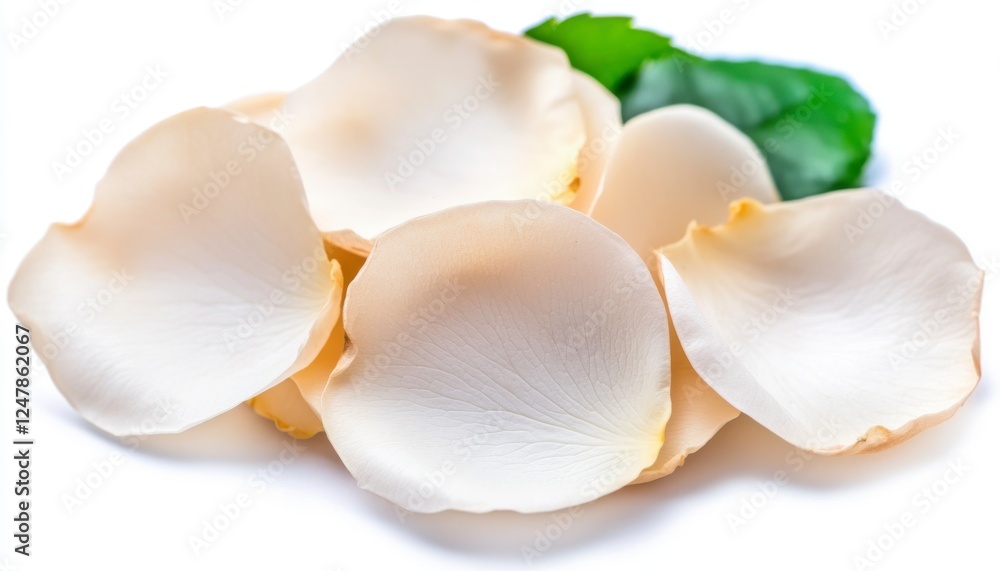 Creamy White Rose Petals Close up with Green Leaf on White Background Creamy White Rose Petals Close up with Green Leaf on White Background