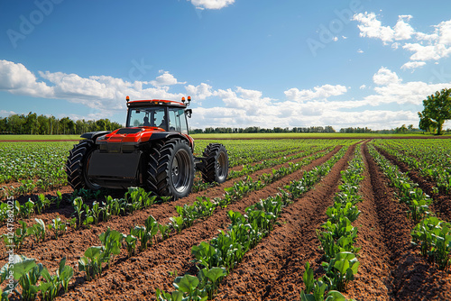 Innovations in Agriculture Showcase Autonomous Tractor Cultivating Vast Fields Under a Sunlit Blue Sky