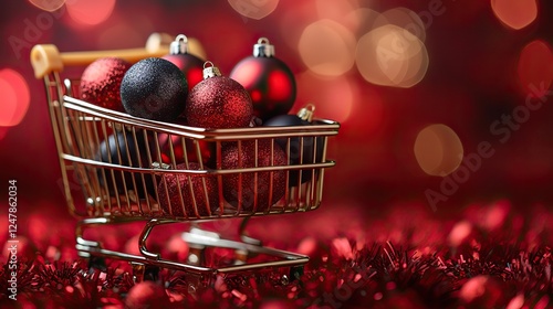 a small golden shopping cart is filled with red and black christmas baubles on a red background, symbolizing holiday shopping and festive decoration.