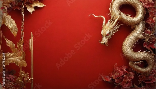 Wallpaper Mural Golden Dragon Illustration on Red Background with Intricate Details, Flowers, and Chandelier  Luxurious and Elegant Digital Artwork Torontodigital.ca