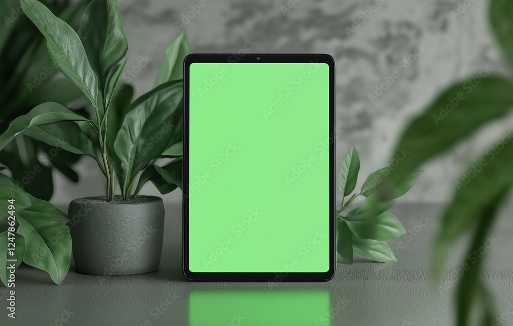tablet Green Screen Mockup - Botanical Home Office Setting with Plants tablet Green Screen Mockup - Botanical Home Office Setting with Plants
