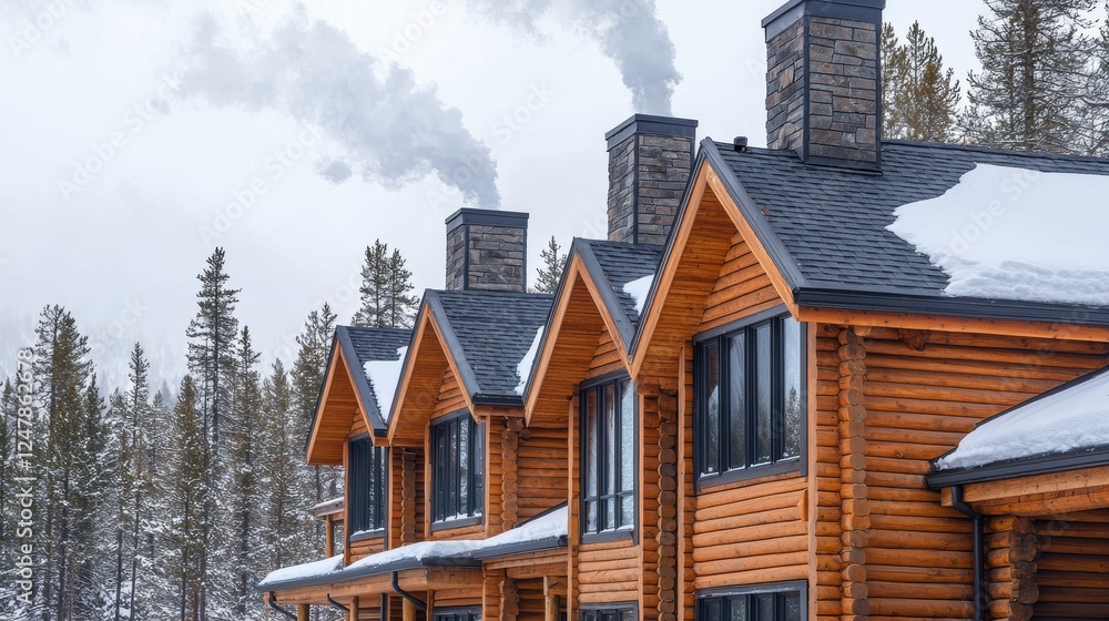 Scenic Winter Cabins with Snowy Rooftops and Smoke Rising from Chimneys Scenic Winter Cabins with Snowy Rooftops and Smoke Rising from Chimneys