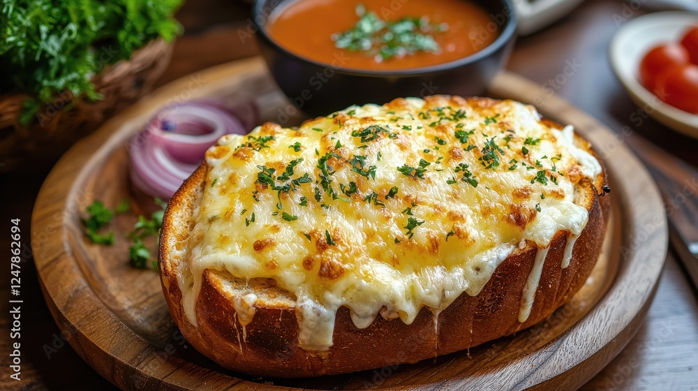 Delicious Gooey Cheese Sandwich Oozing with Melted Flavor Served on Wooden Plate with Fresh Ingredients and Hearty Tomato Soup Delicious Gooey Cheese Sandwich Oozing with Melted Flavor Served on Wooden Plate with Fresh Ingredients and Hearty Tomato Soup