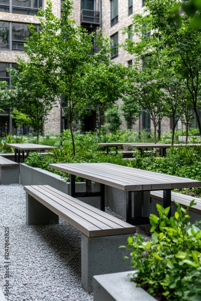 Modern Outdoor Seating in Green Urban Landscape with Trees Modern Outdoor Seating in Green Urban Landscape with Trees