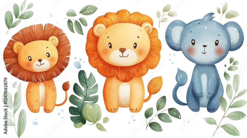 Obraz premium Cute Cartoon Animals with Leaves Illustration for Children’s Art