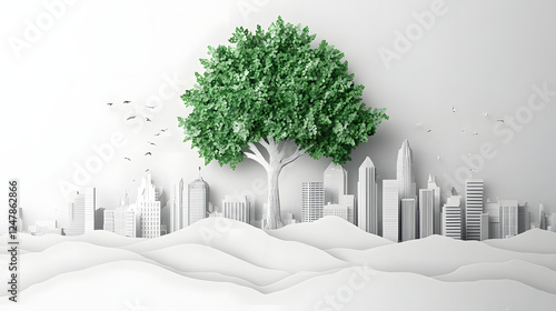 The person who knows. Tree, Achieve sustainable growth, World Environment Day. White eco urban city and nature landscape background paper art style.