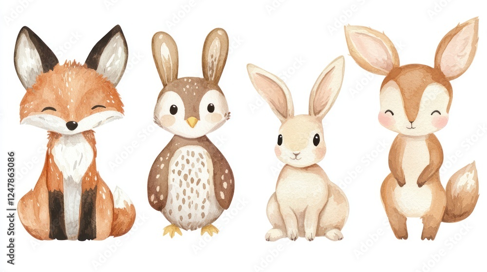 Fototapeta premium Cute Forest Animals Collection Featuring Fox, Owl, Rabbit, and Deer