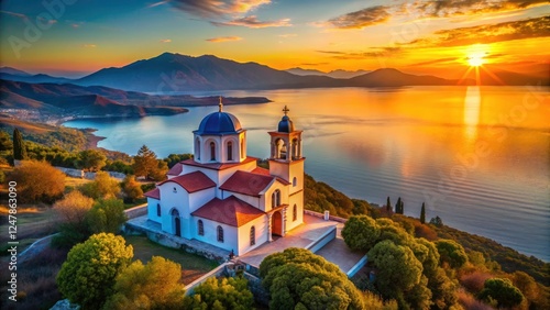 Aerial View Koronisia Church, Virgin Mary, Ambracian Gulf, Arta, Greece - Drone Photography photo