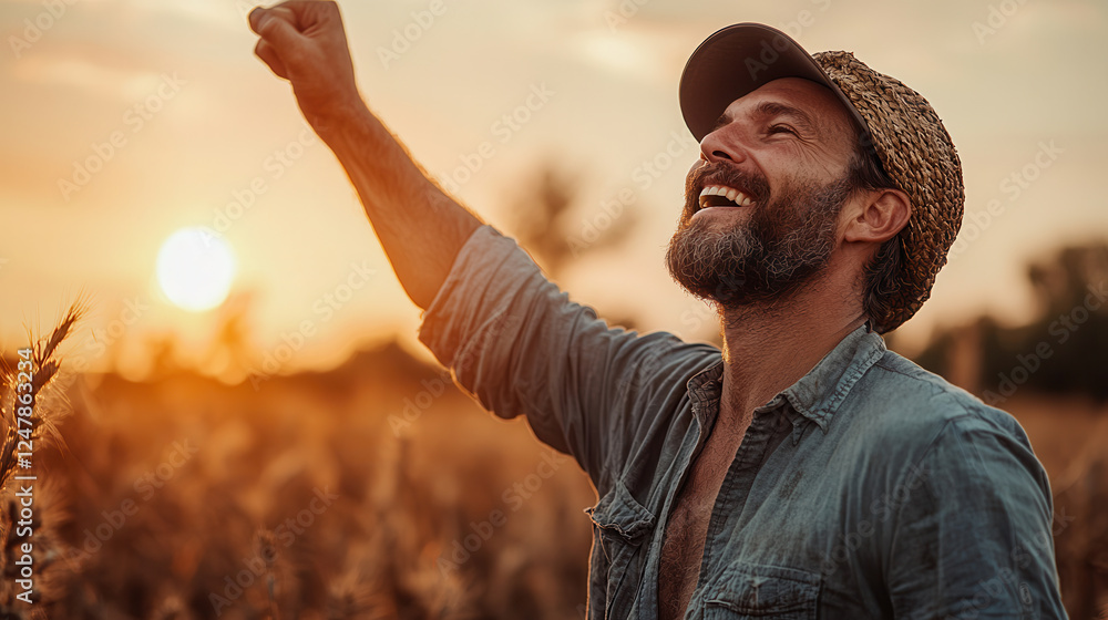 Obraz premium joyful farmer celebrating successful harvest in golden field at sunset