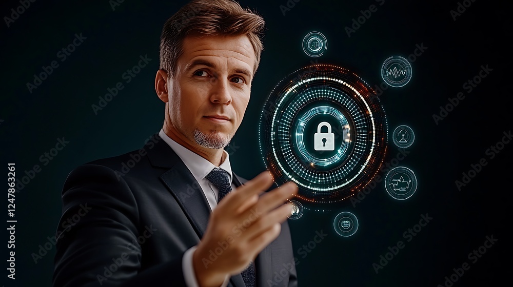 Businessman presenting a digital security interface with lock symbols and data icons in a dark setting Businessman presenting a digital security interface with lock symbols and data icons in a dark setting