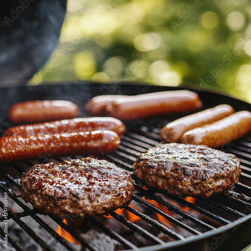 burgers and hotdogs on the grill during a sunny afternoon