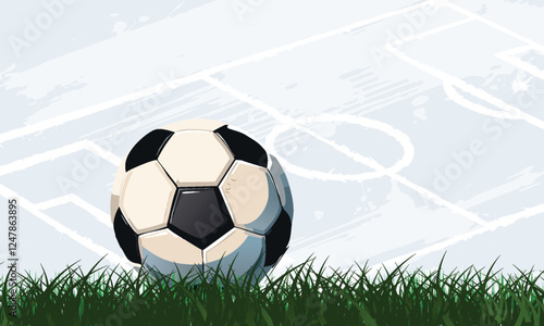 Sky view soccer border with sun on green football grass field. Vector stadium background banner. Sport finale or school,