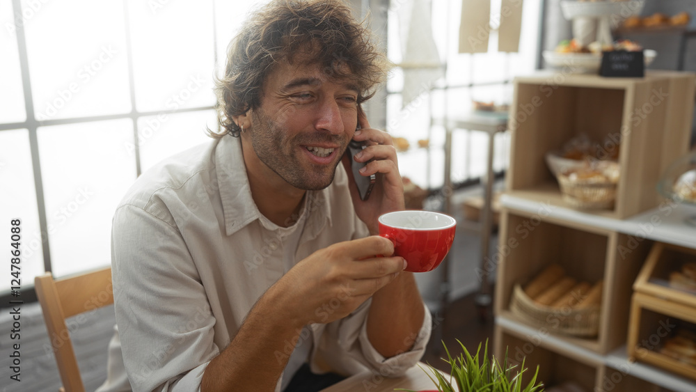 Young man smiling and talking on the phone while holding a red coffee cup in a bakery with shelves of bread in the background Young man smiling and talking on the phone while holding a red coffee cup in a bakery with shelves of bread in the background