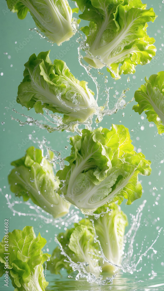 Fresh heads of lettuce are suspended in air with water droplets, portraying a refreshing, natural, and visually appealing food scene. Fresh heads of lettuce are suspended in air with water droplets, portraying a refreshing, natural, and visually appealing food scene.