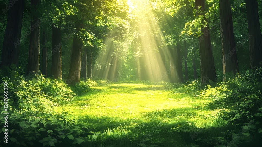 Obraz premium Sunlit Forest Path Mystical Green Canopy Lush Nature Scene