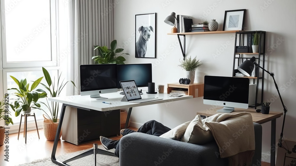 Modern wooden desk set up in bedroom with laptop, mouse, lamp, ergonomic chair, and artificial tree, minimalist, comfortable, technology Modern wooden desk set up in bedroom with laptop, mouse, lamp, ergonomic chair, and artificial tree, minimalist, comfortable, technology