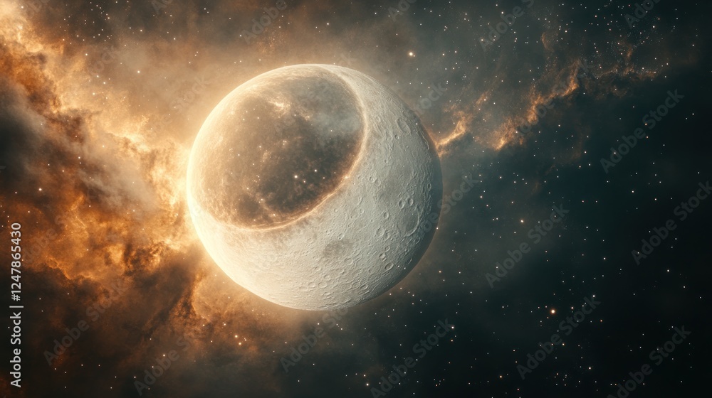 Obraz premium Crescent Celestial Body in a Cosmic Nebula: A Glowing Half-Moon Amidst Stars and Gas Clouds