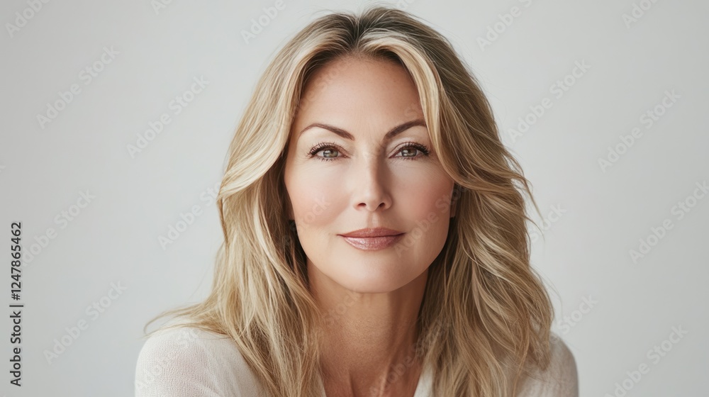 Confident and Serene: A portrait of a mature woman with a confident and serene expression. She has long, wavy, blonde hair and is dressed in a casual, light-colored top. Confident and Serene: A portrait of a mature woman with a confident and serene expression. She has long, wavy, blonde hair and is dressed in a casual, light-colored top.