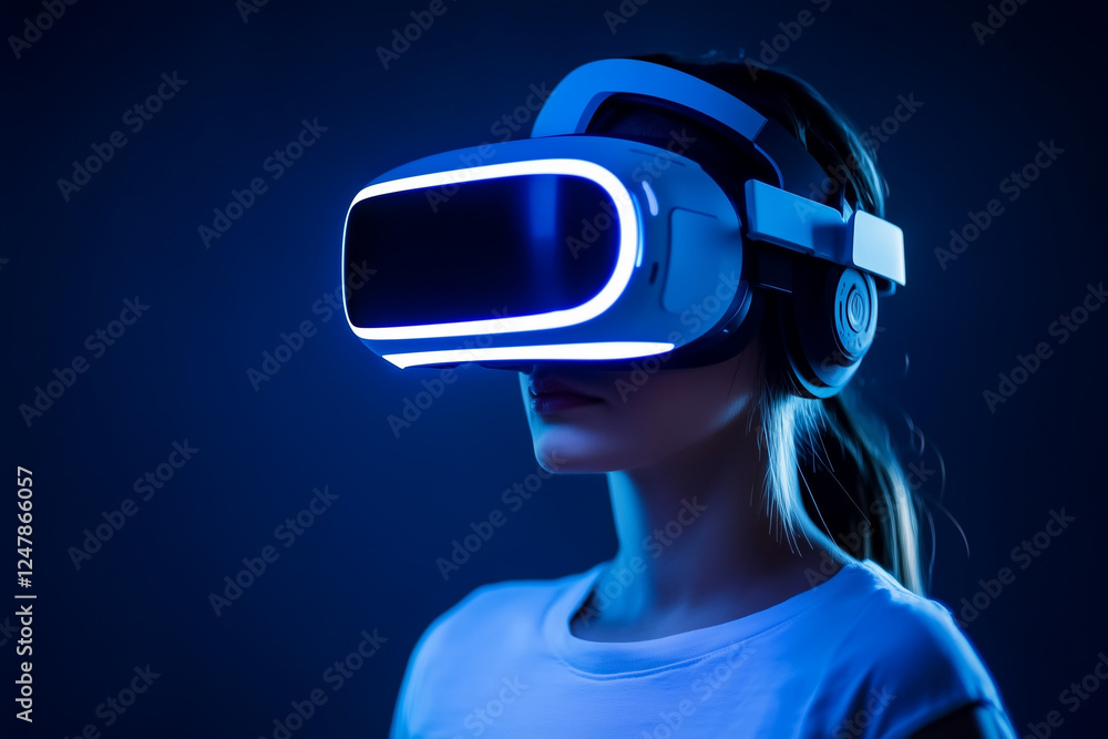 A futuristic VR headset glowing with neon blue lights, worn by a person fully immersed in a virtual world, with copy space. Cool cyber lighting. Sci-fi digital background. A futuristic VR headset glowing with neon blue lights, worn by a person fully immersed in a virtual world, with copy space. Cool cyber lighting. Sci-fi digital background.