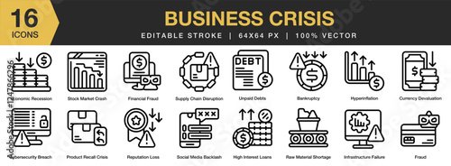 Business Crisis icon set. Editable Stroke Icon Collection. Includes crisis, business, risk, finance, problem, and More. Outline icons vector collection.