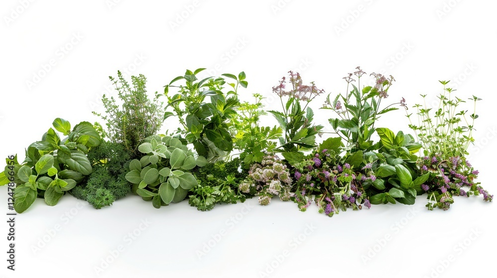 Obraz premium A luxurious array of culinary herbs elegantly displayed on a flawless white background