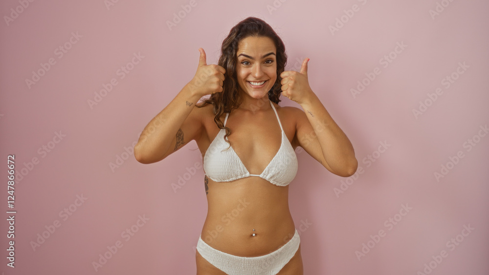 Naklejka premium Young, attractive, hispanic woman over isolated pink background giving thumbs up while wearing a bikini, smiling confidently and showing long brunette hair