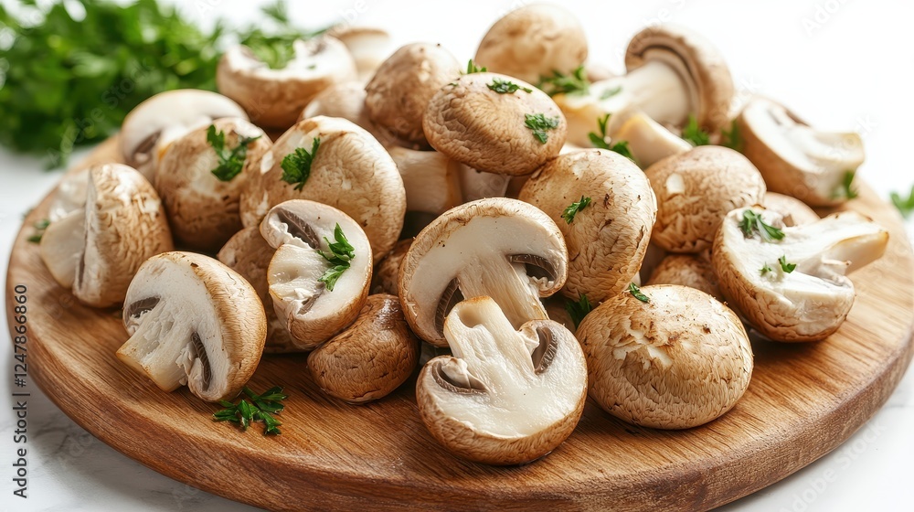 Fresh, sliced mushrooms topped with herbs, arranged on a wooden board, showcasing their earthy tones and culinary potential. Fresh, sliced mushrooms topped with herbs, arranged on a wooden board, showcasing their earthy tones and culinary potential.