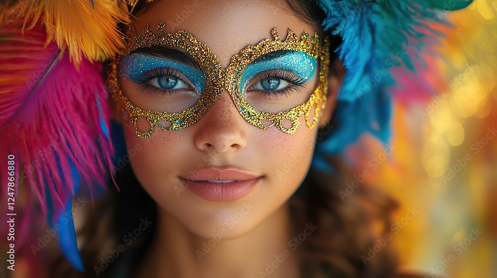 Celebrate Mardi Gras with this vibrant portrait of a young woman in a colorful feathered mask against a bright, festive background. Celebrate Mardi Gras with this vibrant portrait of a young woman in a colorful feathered mask against a bright, festive background.