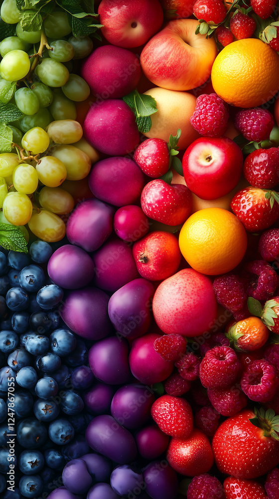 A vibrant display of assorted fruits, featuring a colorful array of grapes, apples, oranges, berries, and plums. Perfect for promoting health, freshness, and nutrition. A vibrant display of assorted fruits, featuring a colorful array of grapes, apples, oranges, berries, and plums. Perfect for promoting health, freshness, and nutrition.