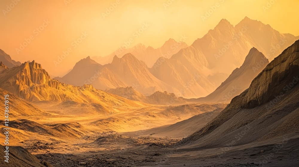 Naklejka premium exotic desert vista, rust-colored rocky terrain, misty orange sky, barren mountain ranges, scattered surface stones, alien landscape aesthetics, harsh environment, geological photography